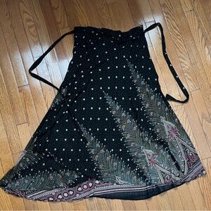 Plume and Paisley Print Black Rayon Wrap Skirt